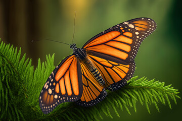 Obraz premium Monarch, Danaus plexippus, butterfly in nature habitat. Nice insect from Mexico. Butterfly in the green forest. Generative AI