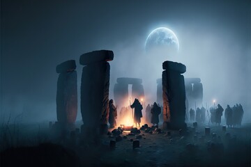 People in stonehenge at moonlight ritual, mystic history, generative ai