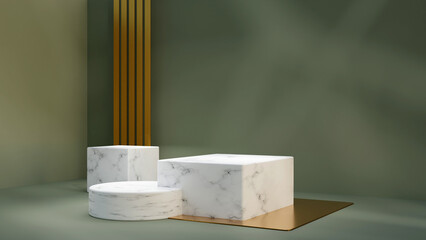Fototapeta na wymiar 3d render empty marble podium for product display on gold green background. Luxury product showcase mockup with realistic sunlight