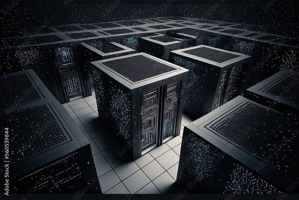 Poster data center with supercomputer clusters in the space. generative ai