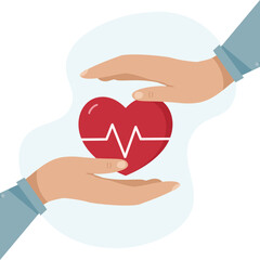 Health concept. Doctor's hands hold a heart. Vector in flat style