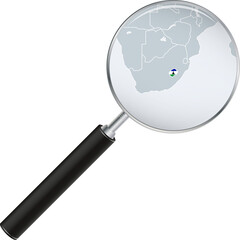 Lesotho map with flag in magnifying glass.