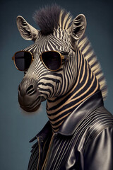 Ein cooles Zebra mit Lederjacke und Sonnenbrille zeigt Attitude und Style in einem Portrait