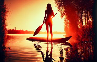 silhouette of woman paddling on a SUP boards on the river at sunset. Stand up paddle boarding. Rear view. Backlight.. - obrazy, fototapety, plakaty