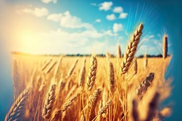 Wheat field. Ears of golden wheat close up. Beautiful Rural Scenery under Shining Sunlight and blue sky. Background of ripening ears of meadow wheat field. Generative AI
