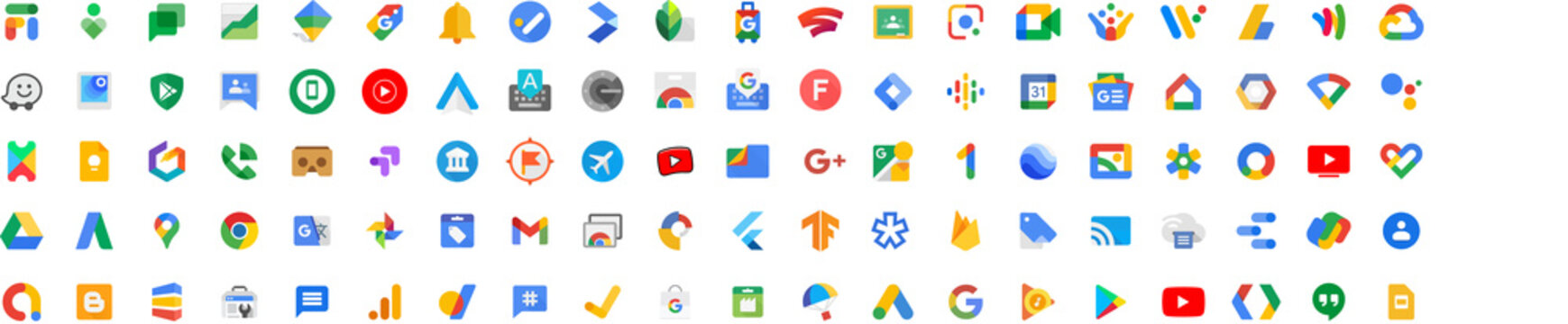 Google LLC. Official logotypes of Google Apps. Youtube Apps. Google Fi, Digital Wellbeing, Finance, Family Link, Shopping, Tasks, Alerts, Travel, Snapseed, Stadia etc. 