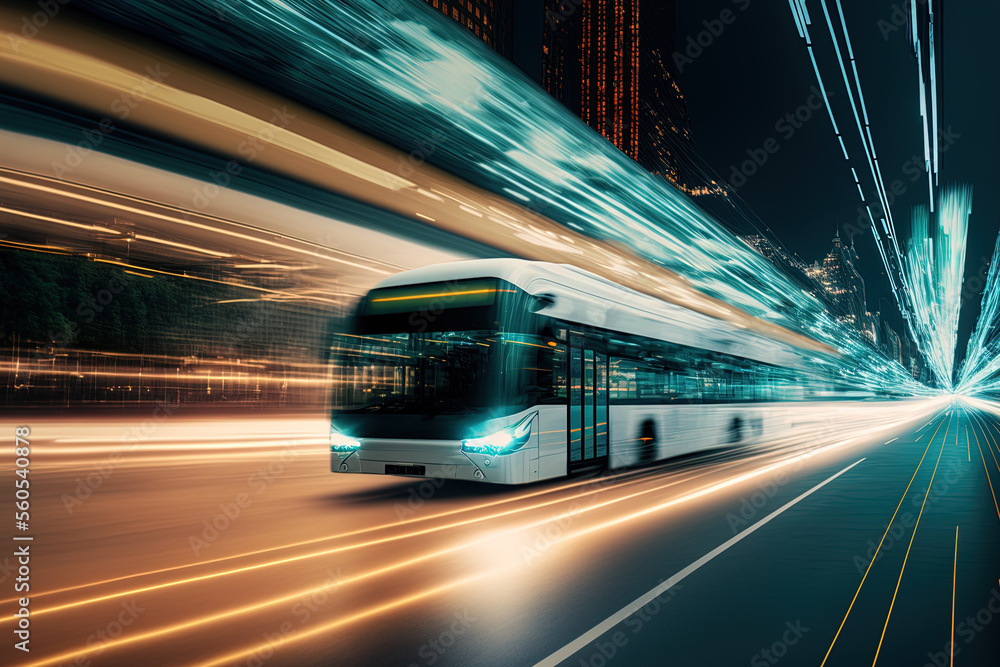 Poster motion blur and digital data flow on the road give the impression of rapid data transit. concept of 