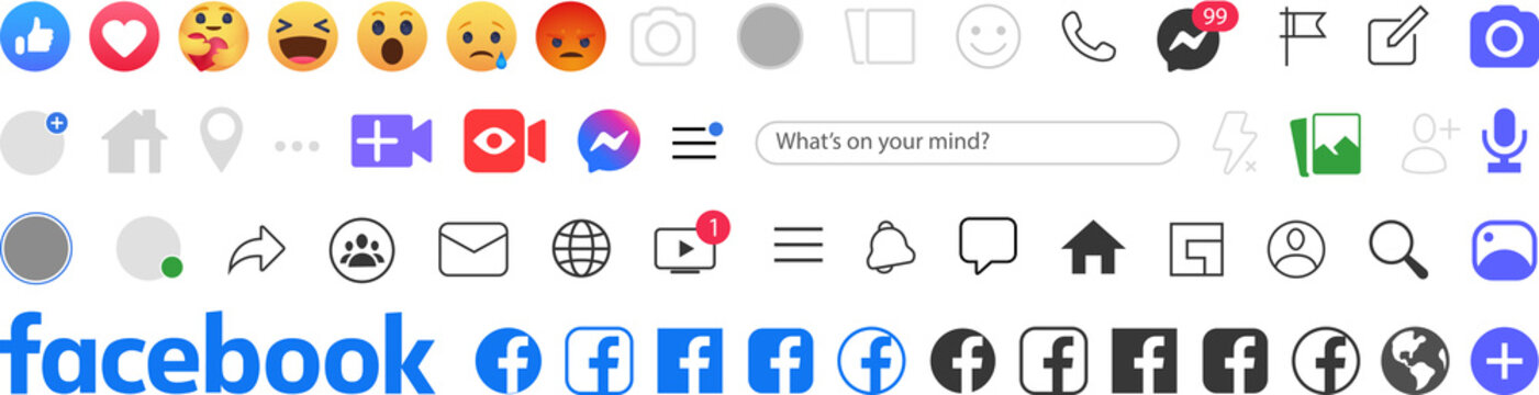 Facebook symbols, profile. Facebook template frame. Facebook mockup. Emoticon buttons. Emoji Reactions for Social Network. Smart phone with facebook sign on the screen. 