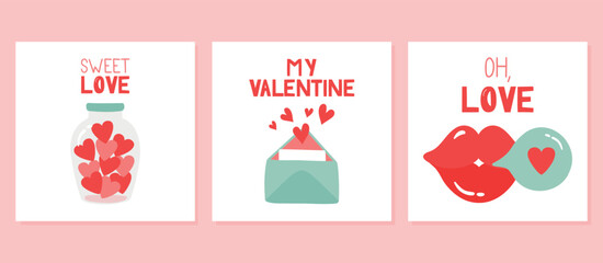 Set of valentine's day cards. Drawn posters and greeting cards. Vector greeting cards for Valentine's Day with illustrations in flat style.
