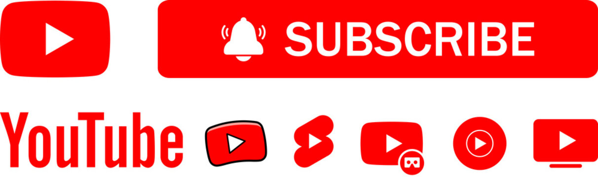 Youtube, youtube kids, YouTube Music, YouTube TV, YouTube VR. Subscribe button icon with arrow cursor. Official logotypes of Youtube Apps