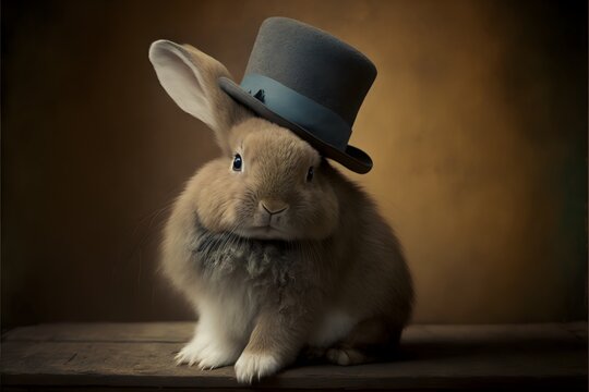 Cute brown rabbit wearing hat.