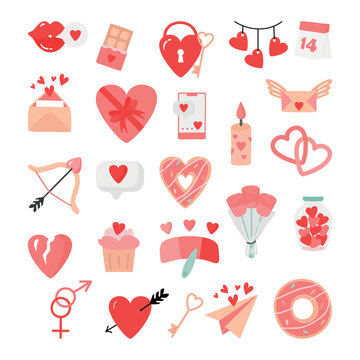 Vector illustration with cute stickers pack in cartoon style with love symbols for valentine's day. Large collection of clip arts.