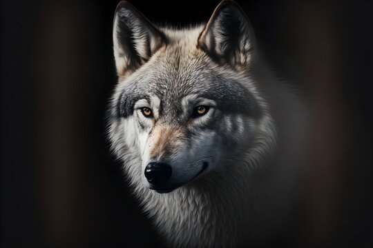 Portrait of a wolf, black background.