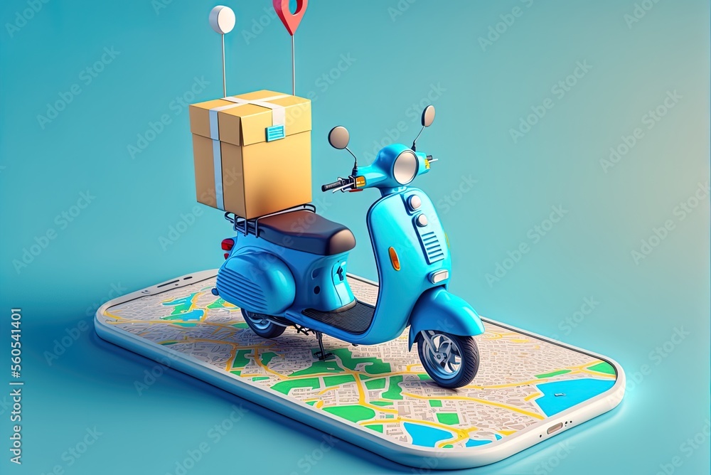 Poster scooter made with a smartphone and a location pointer, representing an online delivery e-commerce id