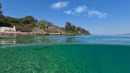 Underwater split photo of famous abandoned seaside houses in small complex islands of Lihadonisia often called Seychelles of Greece, North Evia