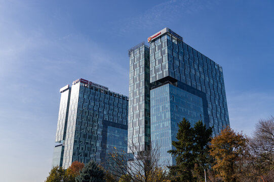 Bucharest, Romania - October 25, 2022: A picture of the City Gate Towers office buildings next to the Free Press Square.