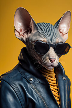 
Eine Nacktkatze mit Lederjacke und Sonnenbrille zeigt Attitude und Style in einem Portrait - Generative Ai