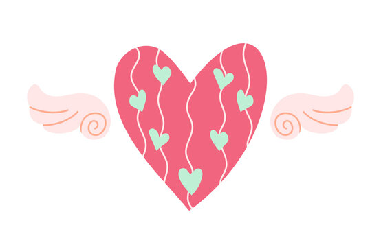 Doodle heart with wings in cartoon style. Valentines day. Vector illustration for design isolated on white background.