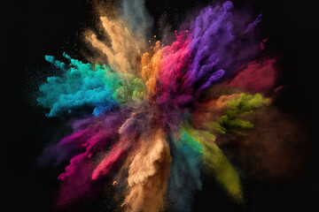 An abstract burst of colourful dust against a dark background. Abstract background with powder splatters, freeze motion of color powder exploding throwing, and glitter texture in various colors