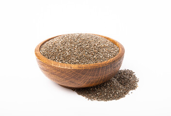 Chia seeds in wooden bowl isolated on white background. Superfood.