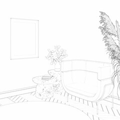 Sketch of the modern room with a vertical poster on the wall, the dried flower in the vase on the coffee table near the original chair, and a round rug on a parquet floor. 3d render