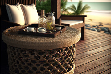 Rattan table for outdoor area on the beach club platform
