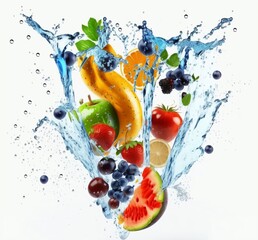 Fruits and vegetables splashing into blue clear water © Stephen VanHorn