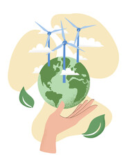 Vector illustration of human hand holding Earth globe, Wind power plant. Concept of World Environment Day, Save the Earth, sustainability, renewable wind energy source.