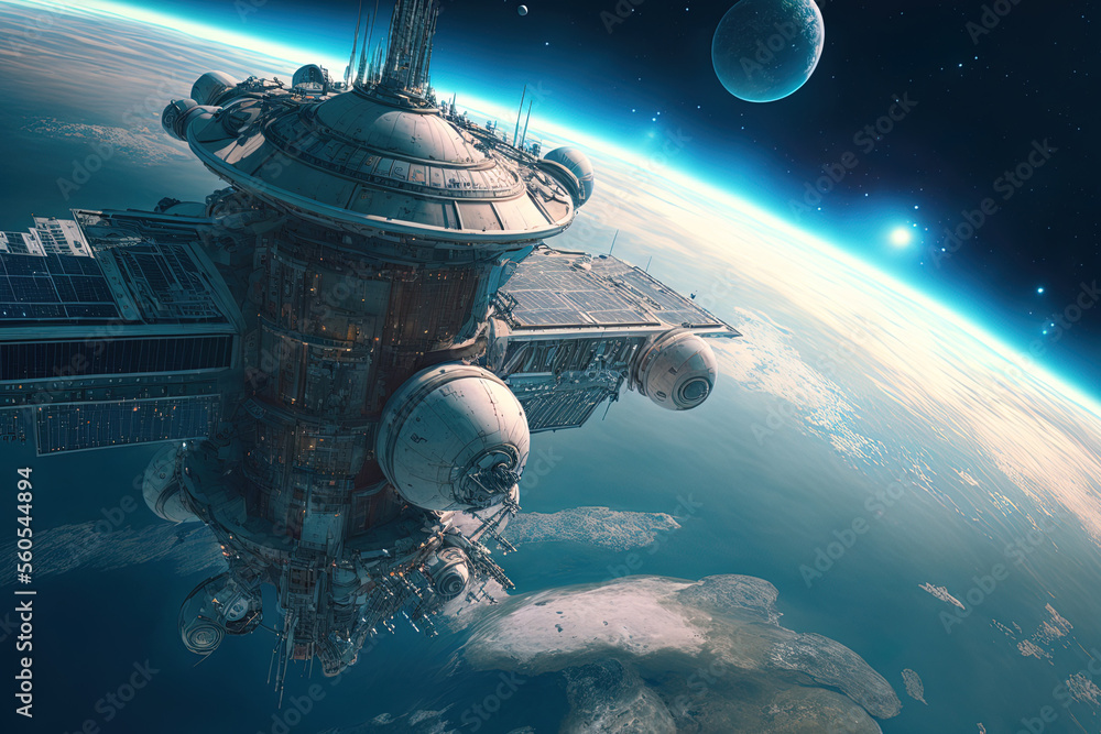 Poster overlooking a stunning view of space is a space station. digital representation. generative ai