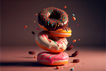 A stack of delicious donuts falling down with sprinkles on a dark pink background