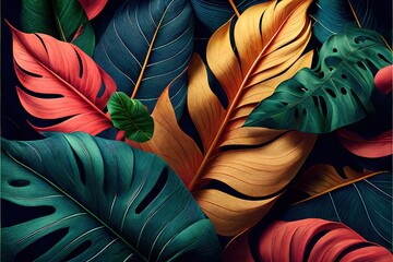 Autumn monstera leaves floral wallpaper - obrazy, fototapety, plakaty