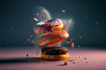 A stack of three delicious donuts on a dark pink background
