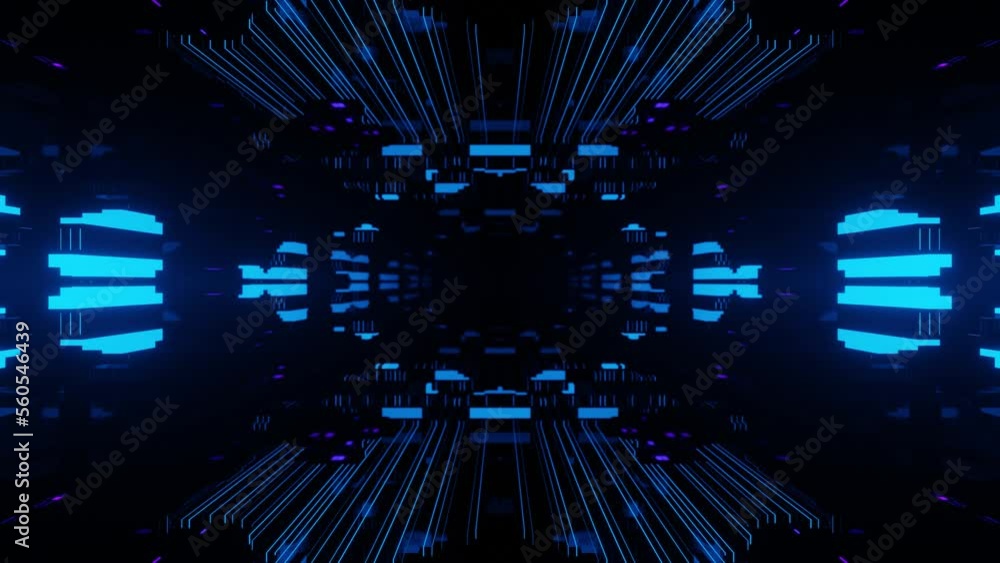 Poster fly through symmetrical technology cyberspace with neon glow. sci-fi flight through hi-tech technolo