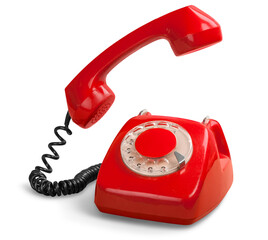 Answering an old fashioned red telephone handset - obrazy, fototapety, plakaty