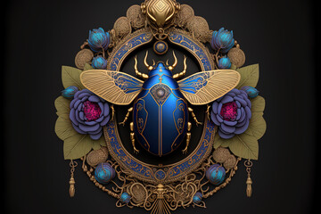 decorative border piece with a winged scarab beetle from Egypt, blue gemstones, and flowery decorations. alone against a dark backdrop. Generative AI