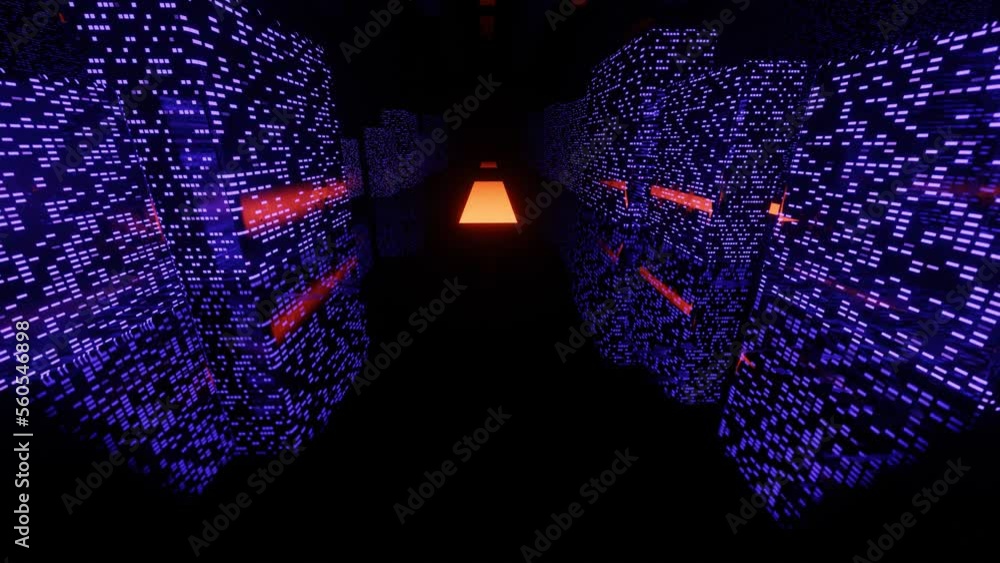 Poster abstract background like city. fly through technology cyberspace with neon glow. sci-fi flight throu