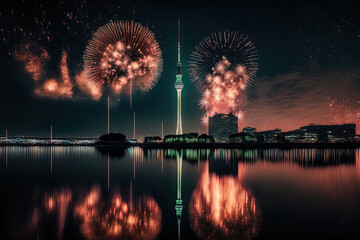 In Düsseldorf, beautiful Japanese fireworks. Generative AI