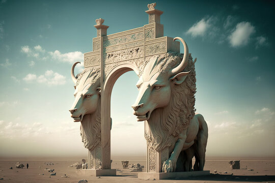 Remains of the Gates of All Nations, which led to Persepolis, the capital of ancient Persia, and were ornamented with legendary bulls topped with human heads. Shiraz, in the Islamic Republic of Iran