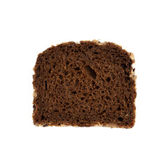 one slice of rye bread on white background, top view, fresh delicious homemade healthy baking