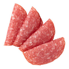 salami sausage slices isolated on white background, pieces of sliced salami sausage laid out to create layout - obrazy, fototapety, plakaty