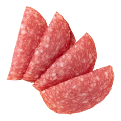 Fotobehang salami sausage slices isolated on white background, pieces of sliced salami sausage laid out to create layout © PhotoPaper