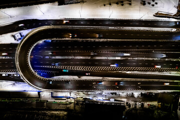 Aerial view on highway at night in Kyiv