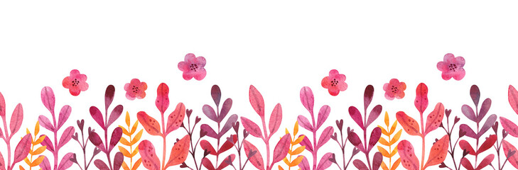 Floral spring border. Repeated pattern. Pink and red herbs and flowers. Watercolor illustration. 