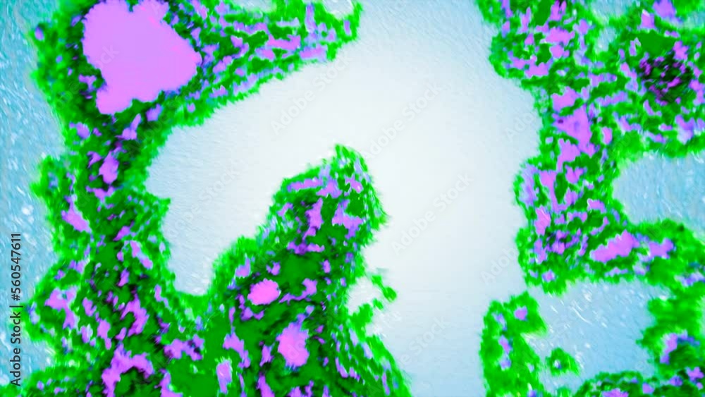 Poster Abstract animation of moving spots with virus dots. Motion. Microbial spots with viruses and specks move in space. Animation of viruses or microbes moving under microscope