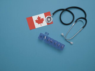 Overhead flat lay of a doctor's stethoscope with a purple weekly pill organizer and the Canadian...