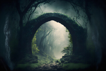 Spectacular archway covered with vine in the middle of fantasy fairy tale forest landscape, misty on spring time. Digital art 3D illustration.