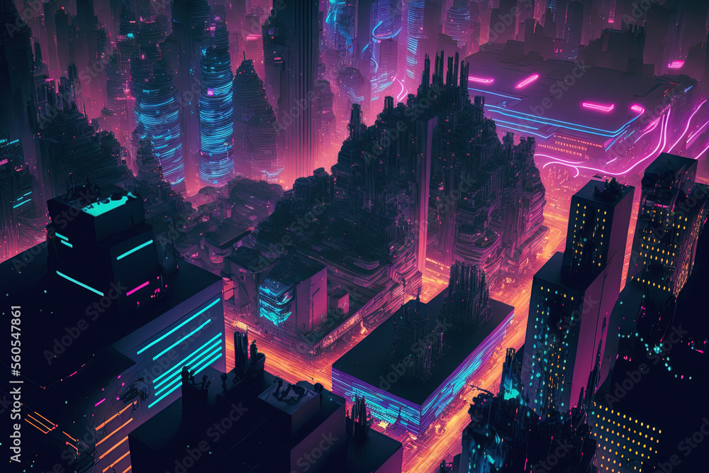 Aufkleber conceptual ai generated image - future dystopian shanghai metropolis from above, with projection map