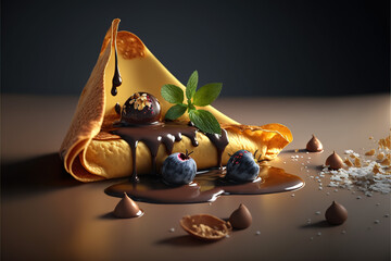 Sweet crepes wrapped with fresh berries and chocolate