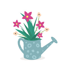 Cute garden watering can with red flowers.