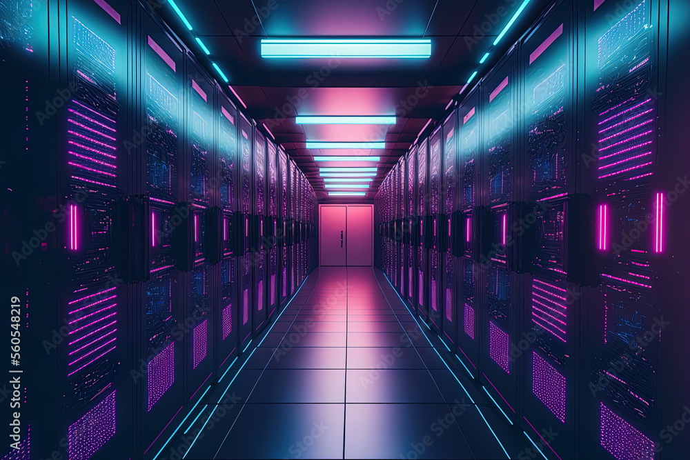 Poster picture of a data center with many rows of active server racks. concept of supercomputer technology,